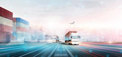 tecnología digital futuro de carga envase logística transporte concepto, doble exposición polígono estructura metálica de envase carga camión, avión, moderno futurista importar exportar transporte antecedentes foto
