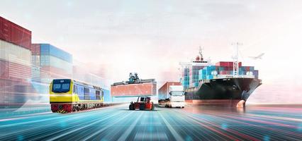 Global Business Network Distribution and Technology Digital Future of Cargo Containers Logistics Transport Import Export Concept, Double Exposure of Freight Shipping, Modern Futuristic Transportation photo