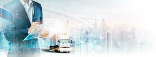 Business and Technology of Logistics Transport Concept, Double Exposure of Business Man using tablet control delivery network distribution import export on city map background, Future Transportation photo