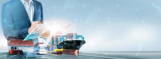 Global Business Network Distribution and Technology Digital Future of Cargo Containers Logistics Transport Import Export Concept, Double Exposure of Business man using Tablet Data Freight Shipping photo