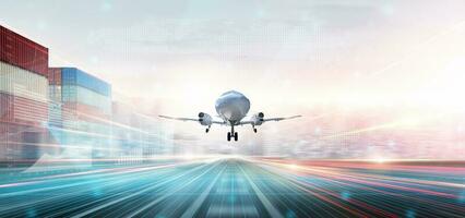 tecnología digital futuro de carga avión logística transporte concepto, avión aterrizaje y aeropuerto pista, moderno futurista transporte importar exportar fondo, global negocio distribución foto