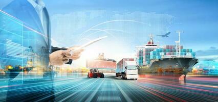 Business and Technology of Logistics Transport Concept, Double Exposure of Businessman using tablet control delivery network distribution import export on world map background, Future Transportation photo