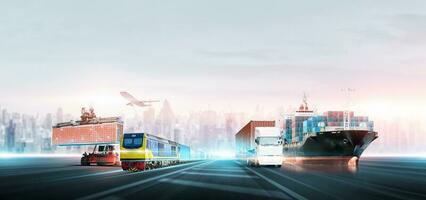 Logistic distribution of containers cargo freight ship, train, truck, airplane, Global business and technology digital future transportation import export concept, Modern futuristic at city background photo