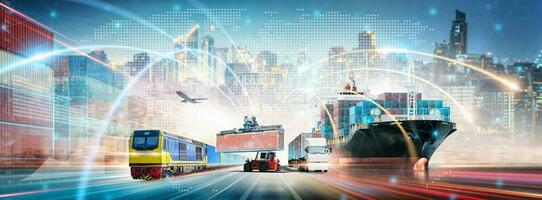 Global Business Network Distribution and Technology Digital Future of Cargo Containers Logistics Transport Concept, Double Exposure of Freight Ship, Modern Futuristic Transportation Import Export photo