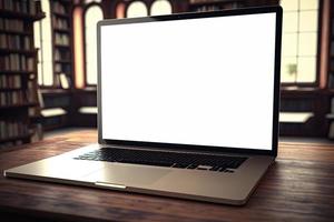 Creative White screen Mockup of a Laptop On The Desk. Empty Computer Design photo