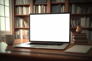 Creative White screen Mockup of a Laptop On The Desk. Empty Computer Design photo