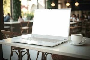 Creative White screen Mockup of a Laptop On The Desk. Empty Computer Design photo