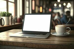 Creative White screen Mockup of a Laptop On The Desk. Empty Computer Design photo