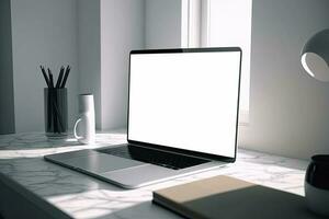 Creative White screen Mockup of a Laptop On The Desk. Empty Computer Design photo