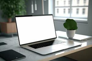 Creative White screen Mockup of a Laptop On The Desk. Empty Computer Design photo