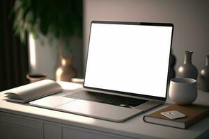 Creative White screen Mockup of a Laptop On The Desk. Empty Computer Design photo