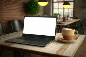 Creative White screen Mockup of a Laptop On The Desk. Empty Computer Design photo