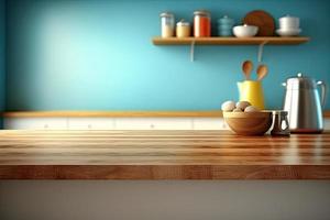 Empty table top over defocused kitchen with copy space photo