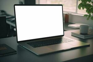 Creative White screen Mockup of a Laptop On The Desk. Empty Computer Design photo