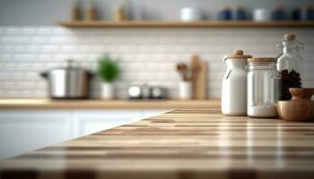 Empty table top over defocused kitchen with copy space photo