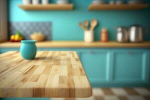 Empty table top over defocused kitchen with copy space photo