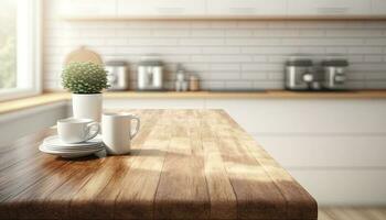 Empty table top over defocused kitchen with copy space photo