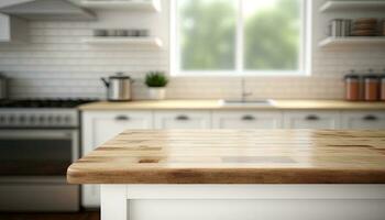 Empty table top over defocused kitchen with copy space photo