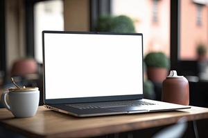 Creative White screen Mockup of a Laptop On The Desk. Empty Computer Design photo