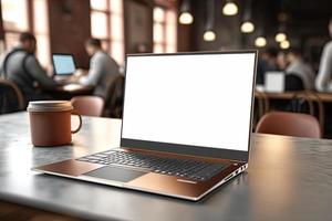 Creative White screen Mockup of a Laptop On The Desk. Empty Computer Design photo