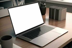 Creative White screen Mockup of a Laptop On The Desk. Empty Computer Design photo