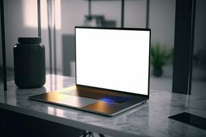 Creative White screen Mockup of a Laptop On The Desk. Empty Computer Design photo