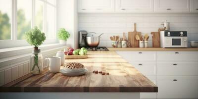 Empty table top over defocused kitchen with copy space photo