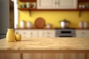 Empty table top over defocused kitchen with copy space photo