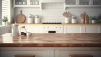 Empty table top over defocused kitchen with copy space photo