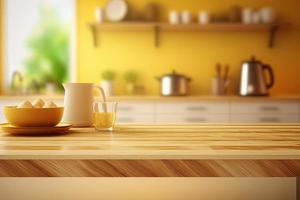 Empty table top over defocused kitchen with copy space photo
