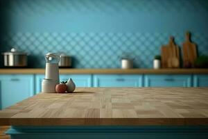 Empty table top over defocused kitchen with copy space photo