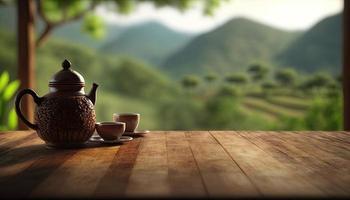 Empty wooden table with a view of blurred tea plantation background photo