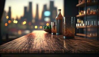 Empty wooden table with a view of blurred beverages bar backdrop photo