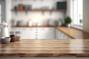 Empty table top over defocused kitchen with copy space photo