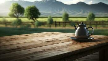 Empty wooden table with a view of blurred tea plantation background photo