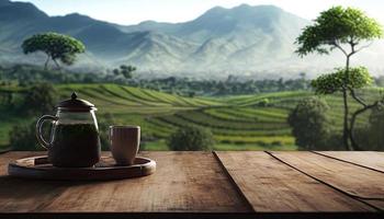 Empty wooden table with a view of blurred tea plantation background photo