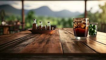 vacío de madera mesa con un ver de borroso bebidas bar fondo foto