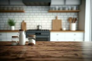 Empty table top over defocused kitchen with copy space photo