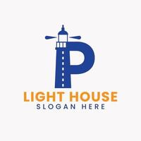 Letter P Light House Logo Vector Concept. Light House Logotype