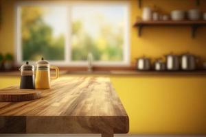 Empty table top over defocused kitchen with copy space photo