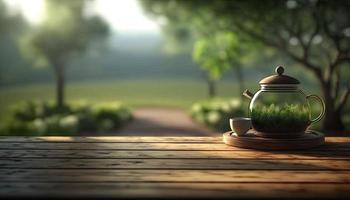 Empty wooden table with a view of blurred tea plantation background photo