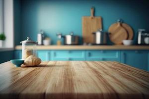 Empty table top over defocused kitchen with copy space photo