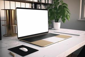 Creative White screen Mockup of a Laptop On The Desk. Empty Computer Design photo