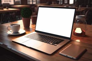 Creative White screen Mockup of a Laptop On The Desk. Empty Computer Design photo