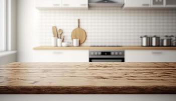 Empty table top over defocused kitchen with copy space photo