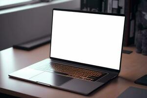 Creative White screen Mockup of a Laptop On The Desk. Empty Computer Design photo