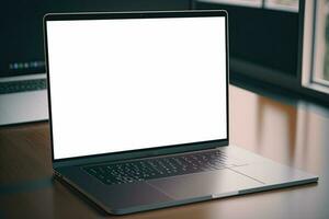 Creative White screen Mockup of a Laptop On The Desk. Empty Computer Design photo