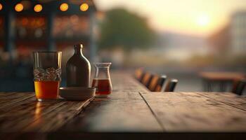 Empty wooden table with a view of blurred beverages bar backdrop photo