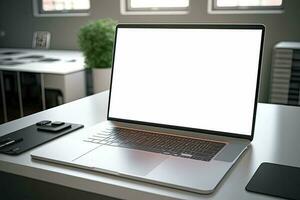 Creative White screen Mockup of a Laptop On The Desk. Empty Computer Design photo