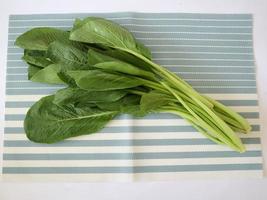 photo of some fresh mustard leaves on a striped cloth. You can use this photo as a background or illustration image